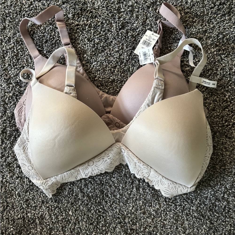 Lace Trim Padded Bras - Cream and Tan